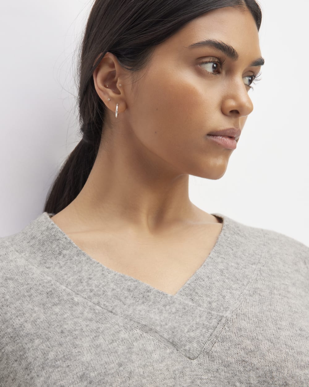 The Cozy-Stretch V-Neck Sweater in Heathered Grey — detail view