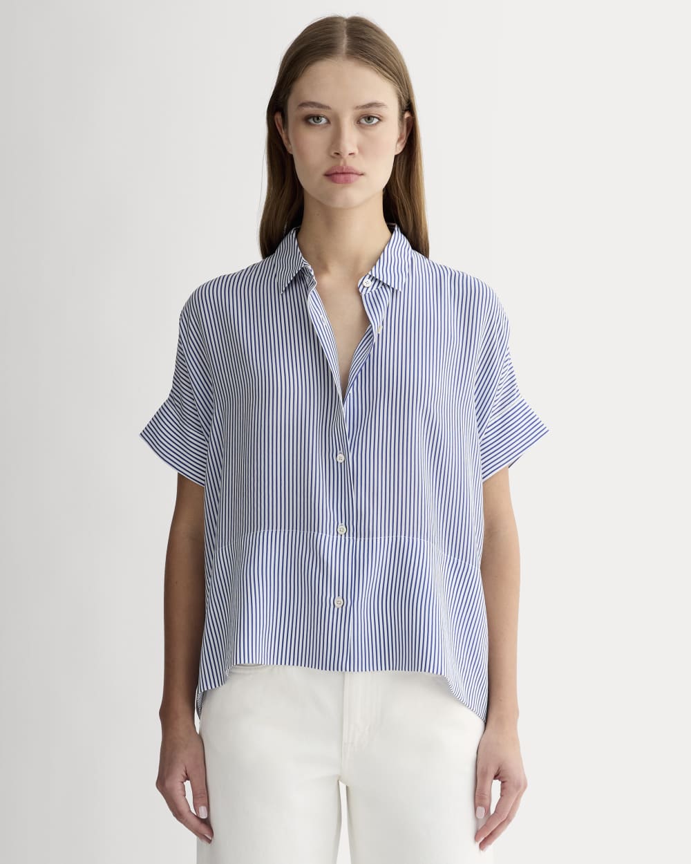 The Boxy Shirt in Washable Silk in Blue / White — front view