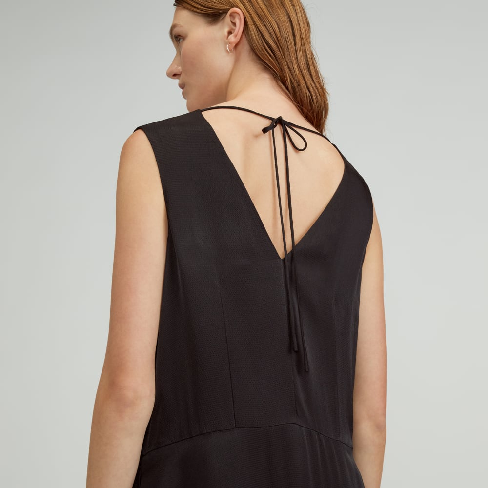 The Satin V-Neck Maxi Dress in Black — detail view