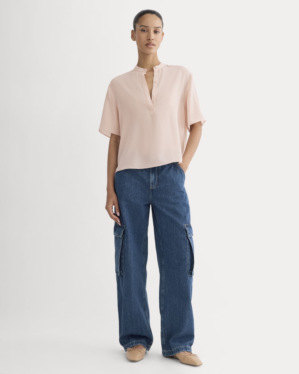 The Popover Top in Washable Silk in Soft Rose — detail view