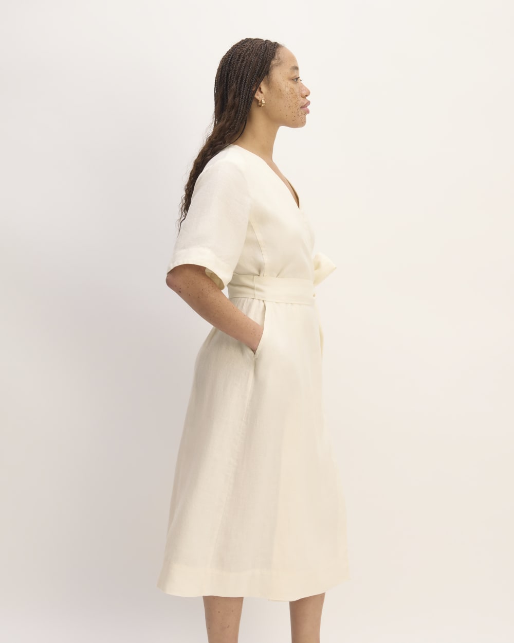 The Wrap Dress in Linen in Bone — detail view