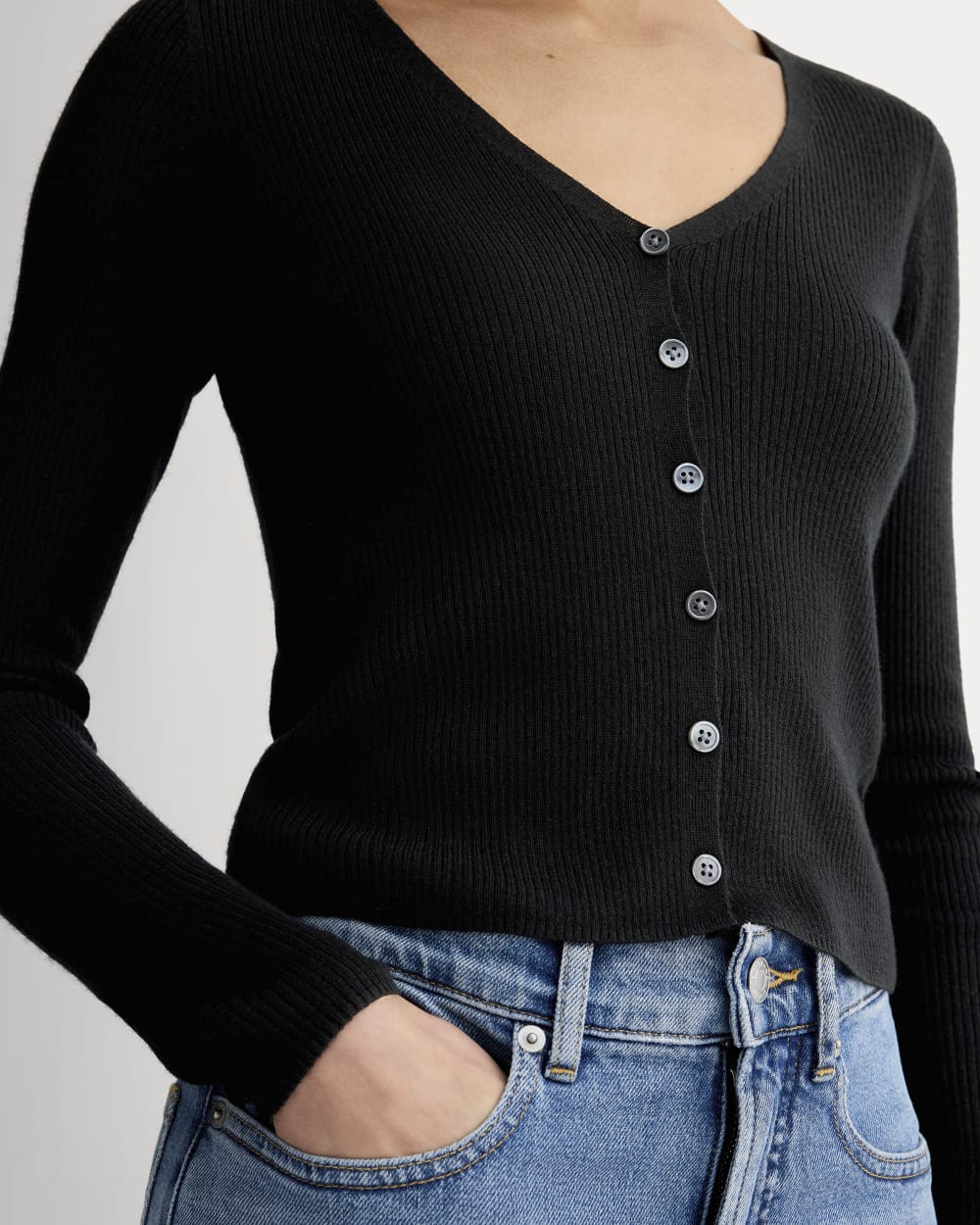 The Cardigan in Ultrasoft Merino in Black — detail view