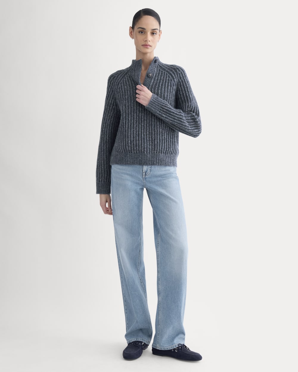 Funnel-Neck Ribbed Henley Sweater in Indigo — detail view