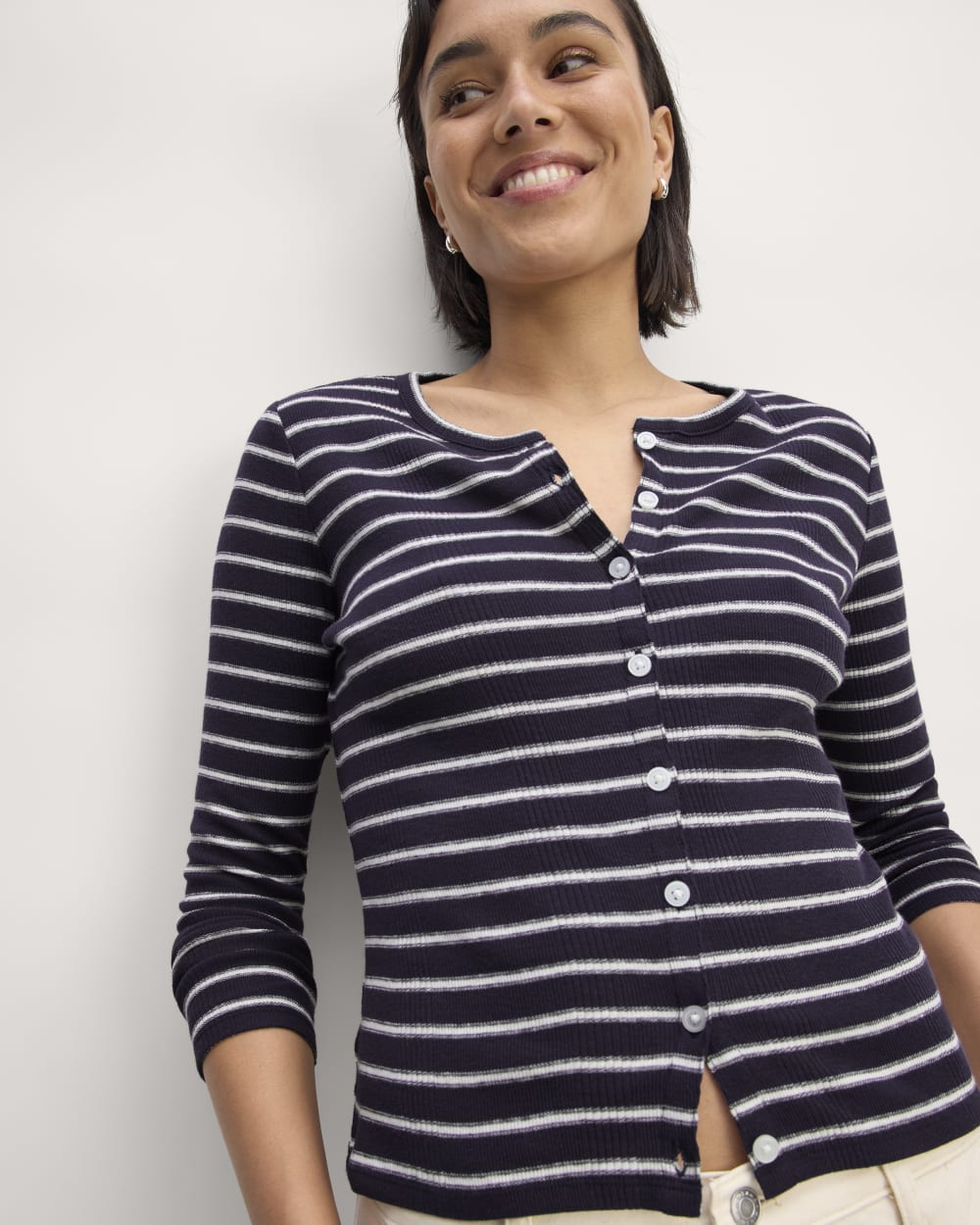The Vintage Rib Cardigan in Navy / Bone — detail view