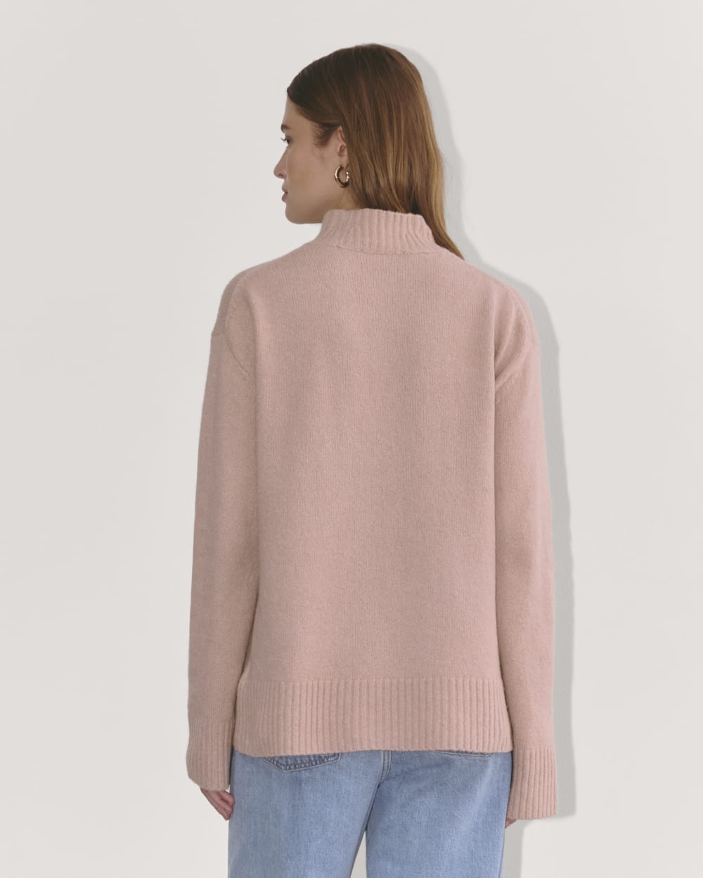 The Mockneck Sweater in Plush Cotton in Dusty Rose — detail view