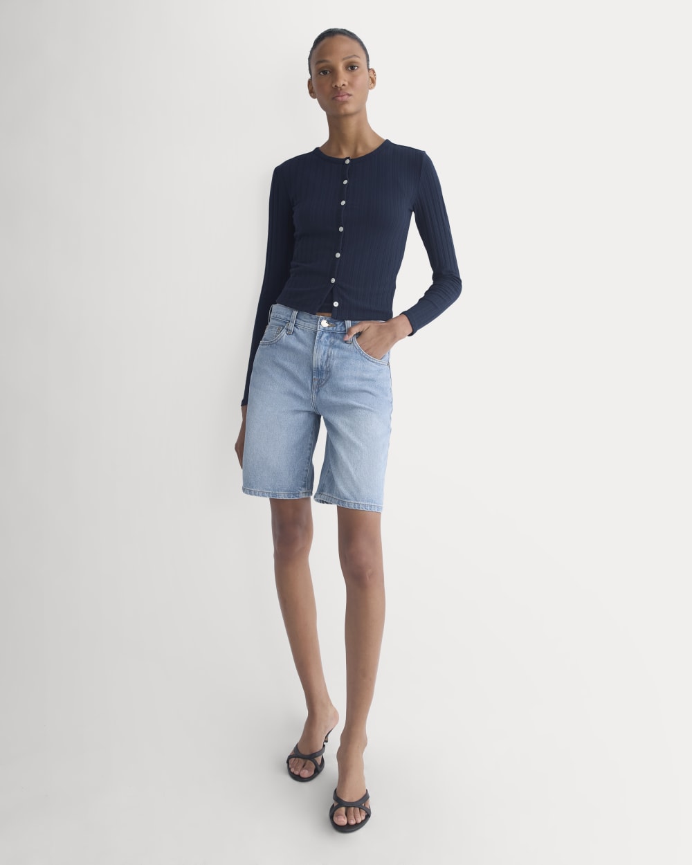 Cardigan in Pointelle in Deep Navy — detail view