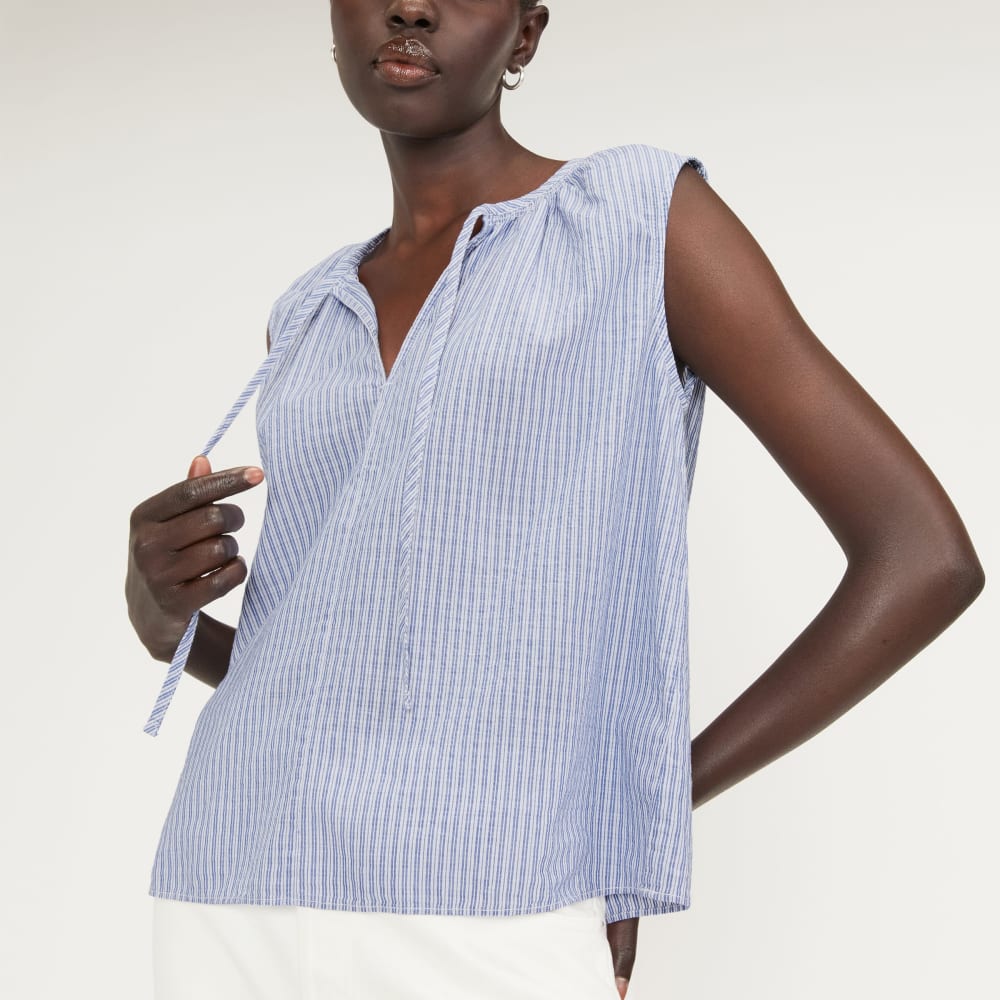 The Gathered Tie-Front Top in Mazarine Blue / Optic White — detail view