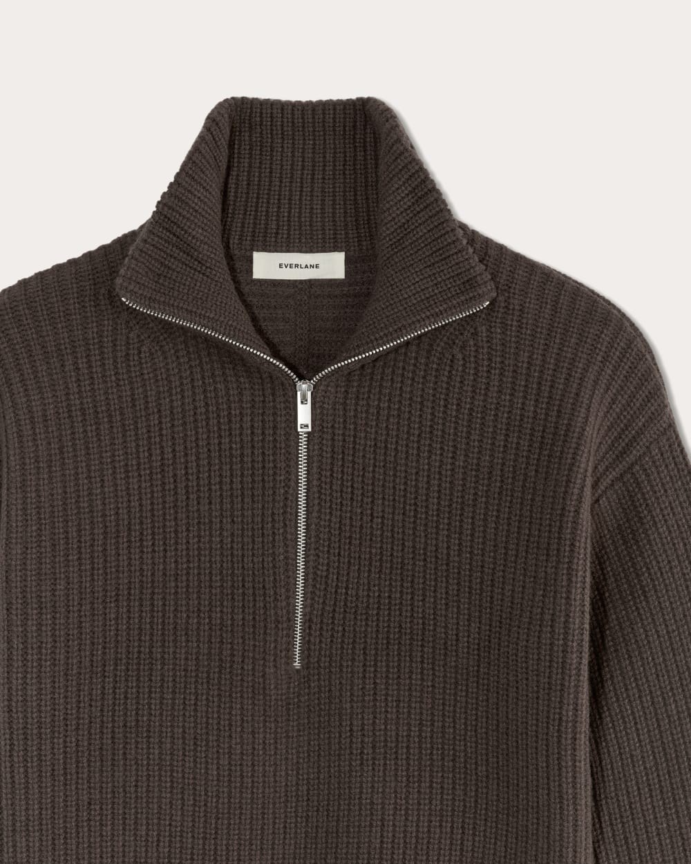 The Half-Zip Sweater in Luxe Merino in Earth Brown — detail view