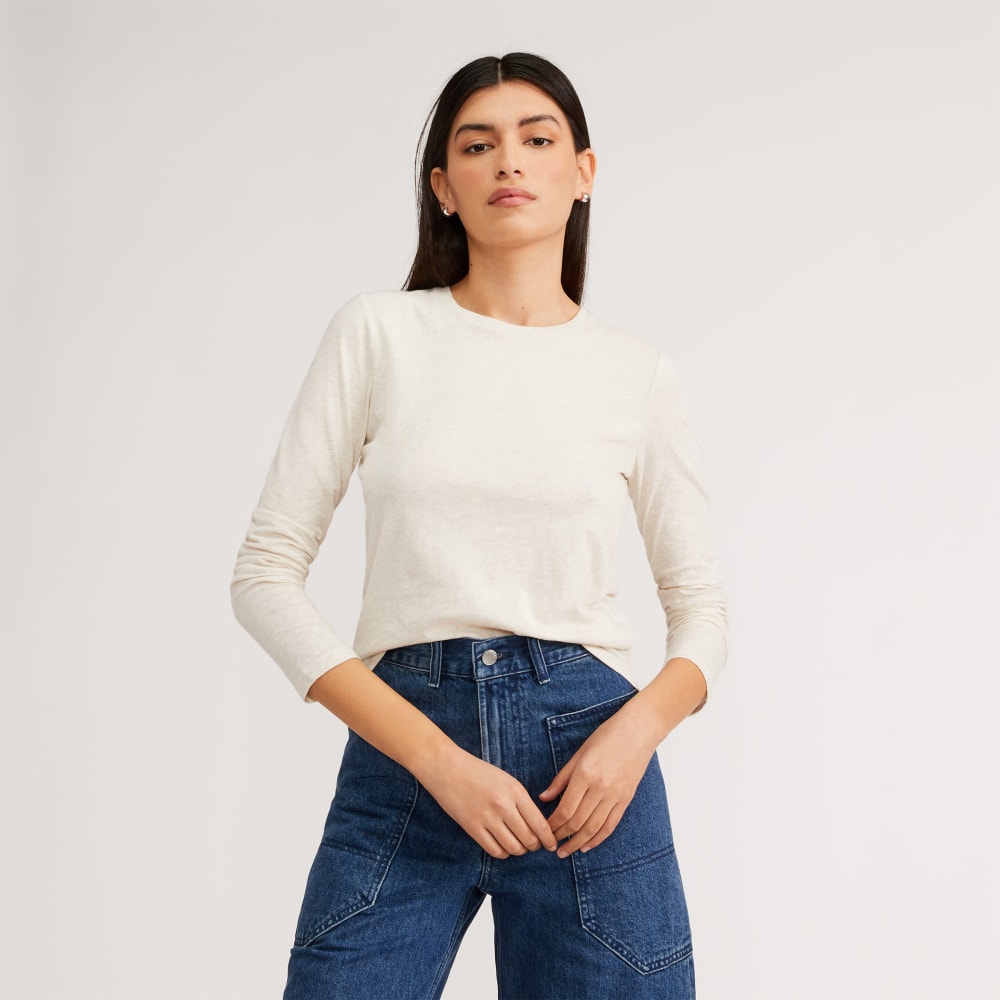 The Organic Cotton Long-Sleeve Crew in Oatmeal — front view