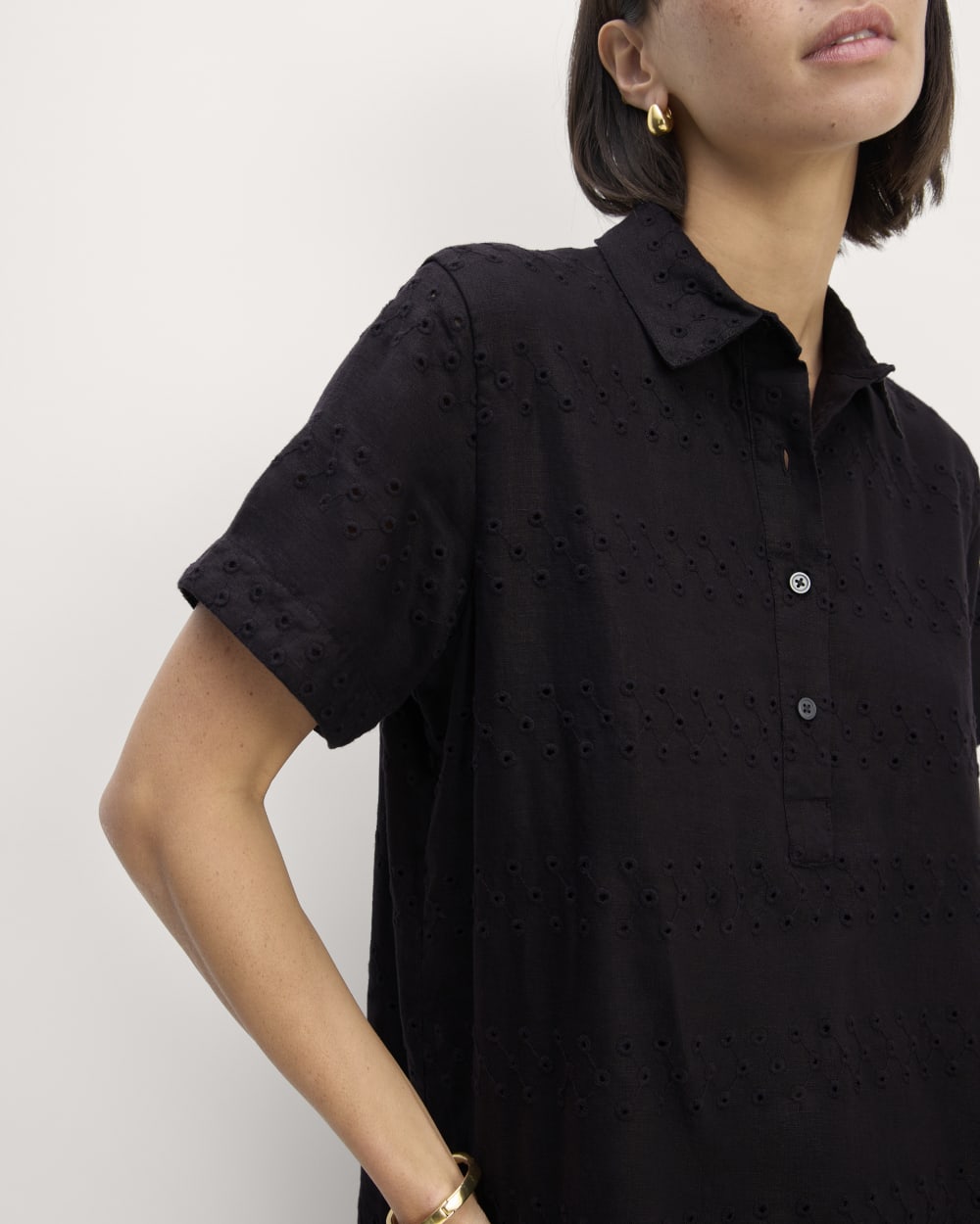 The Linen Eyelet Shirtdress in Black Eyelet — detail view