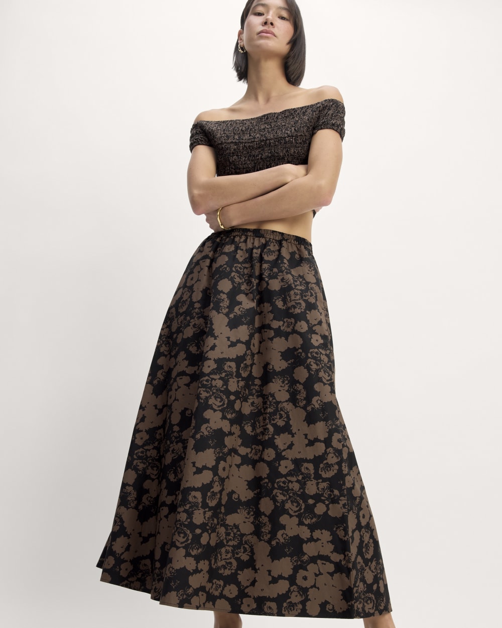 The Supima® Pull-On Maxi Skirt in Black / Cocoa Floral — detail view