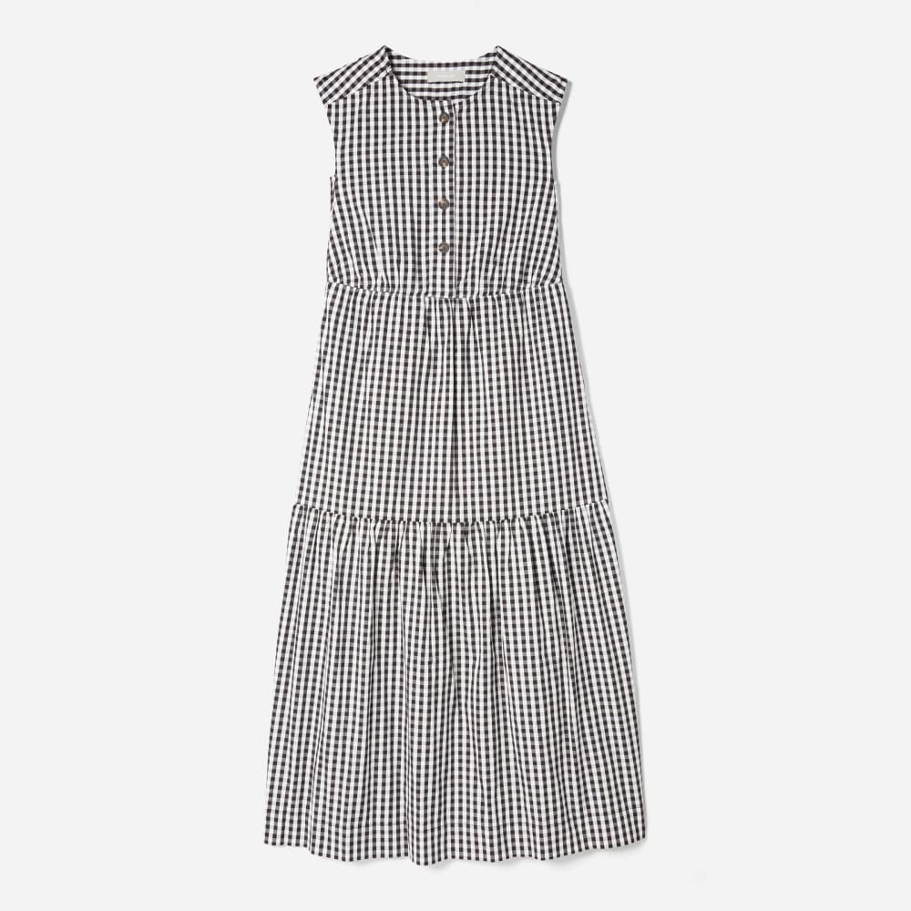 The Tiered Midi Dress in Black Gingham — front view