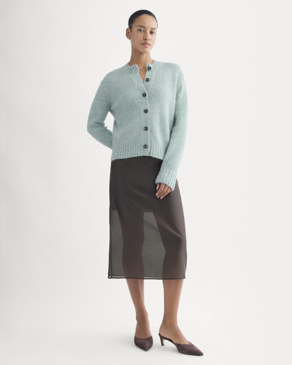 The Crew Cardigan in Alpaca in Heather Gray Mist — front view