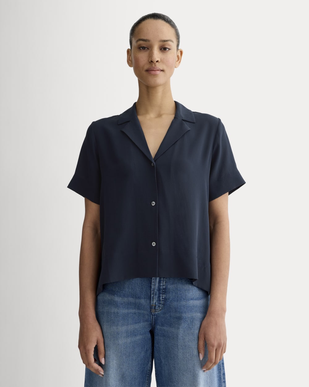 The Notch Shirt in Washable Silk in Navy — front view