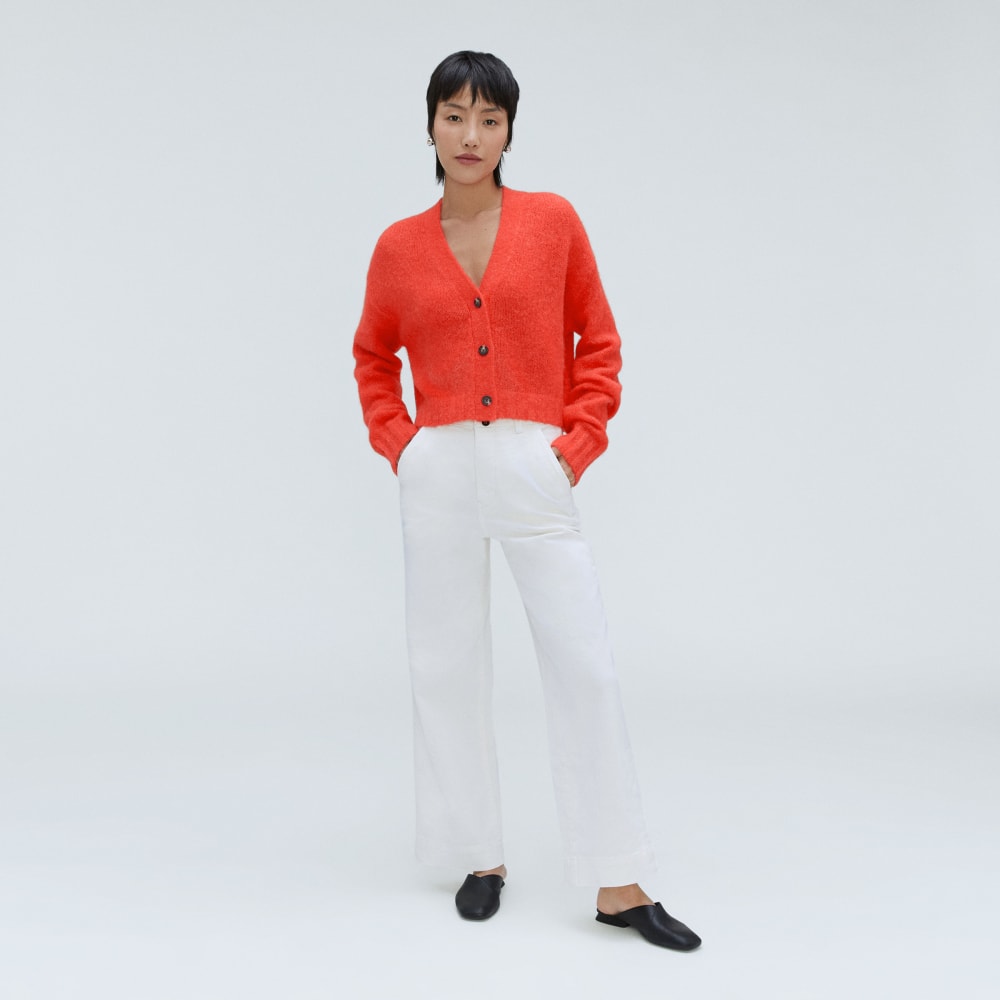 The Alpaca V-Neck Cropped Cardigan in Red Orange — detail view