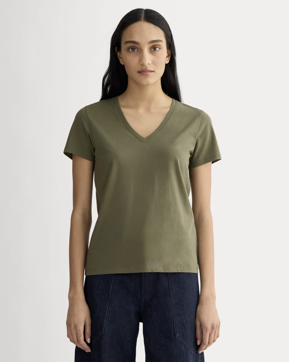 The Slim V-Neck Tee in Essential Cotton in Kalamata — front view