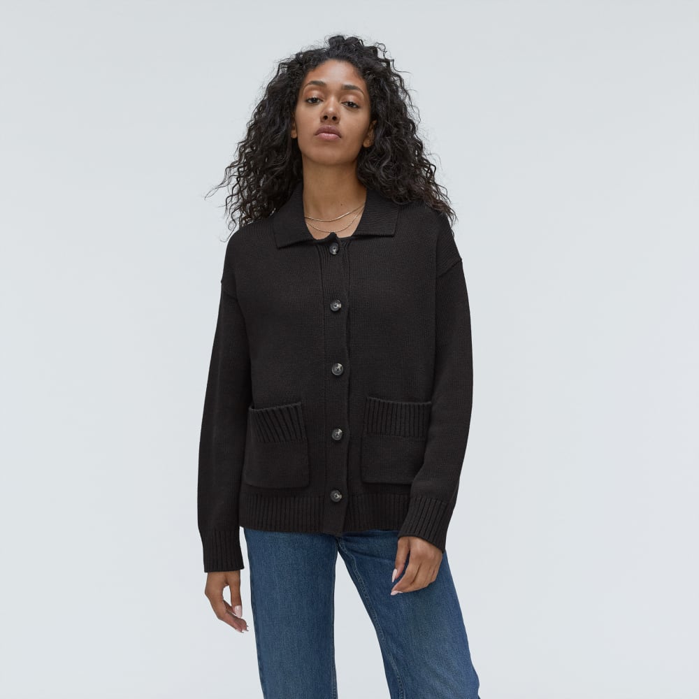 The Cotton Chore Sweater Jacket in Black — front view