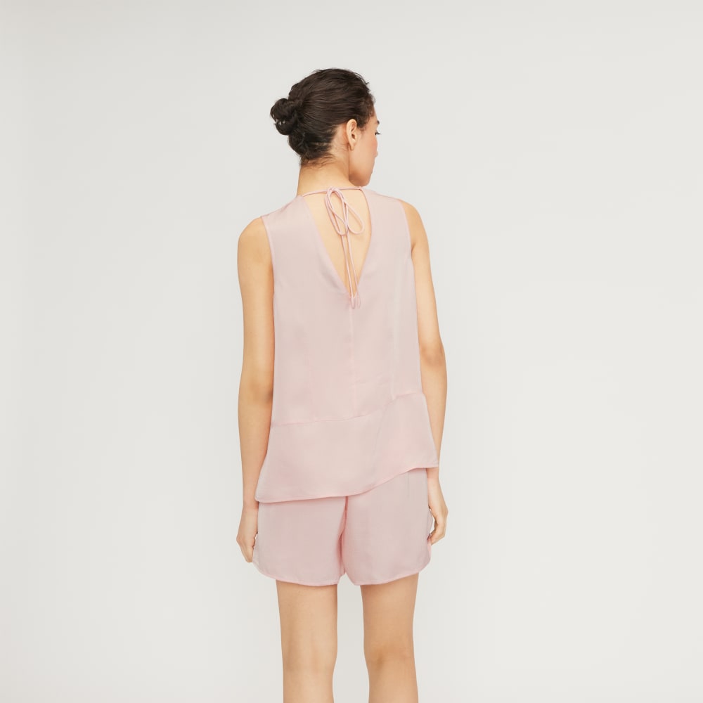 The Satin V-Neck Top in Petal Pink — detail view