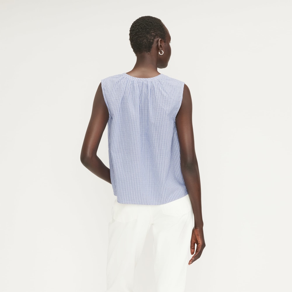 The Gathered Tie-Front Top in Mazarine Blue / Optic White — detail view