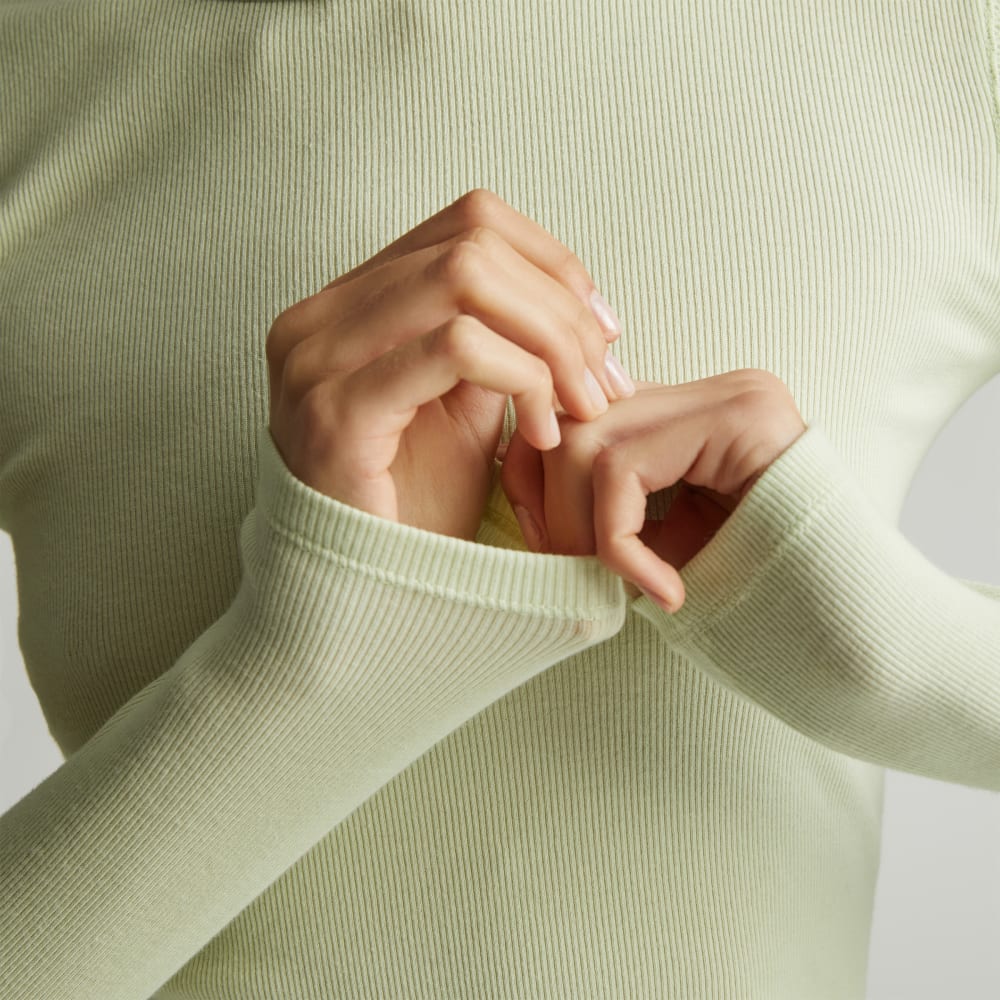 The Pima Micro-Rib Long-Sleeve Crew in Seafoam Green — detail view