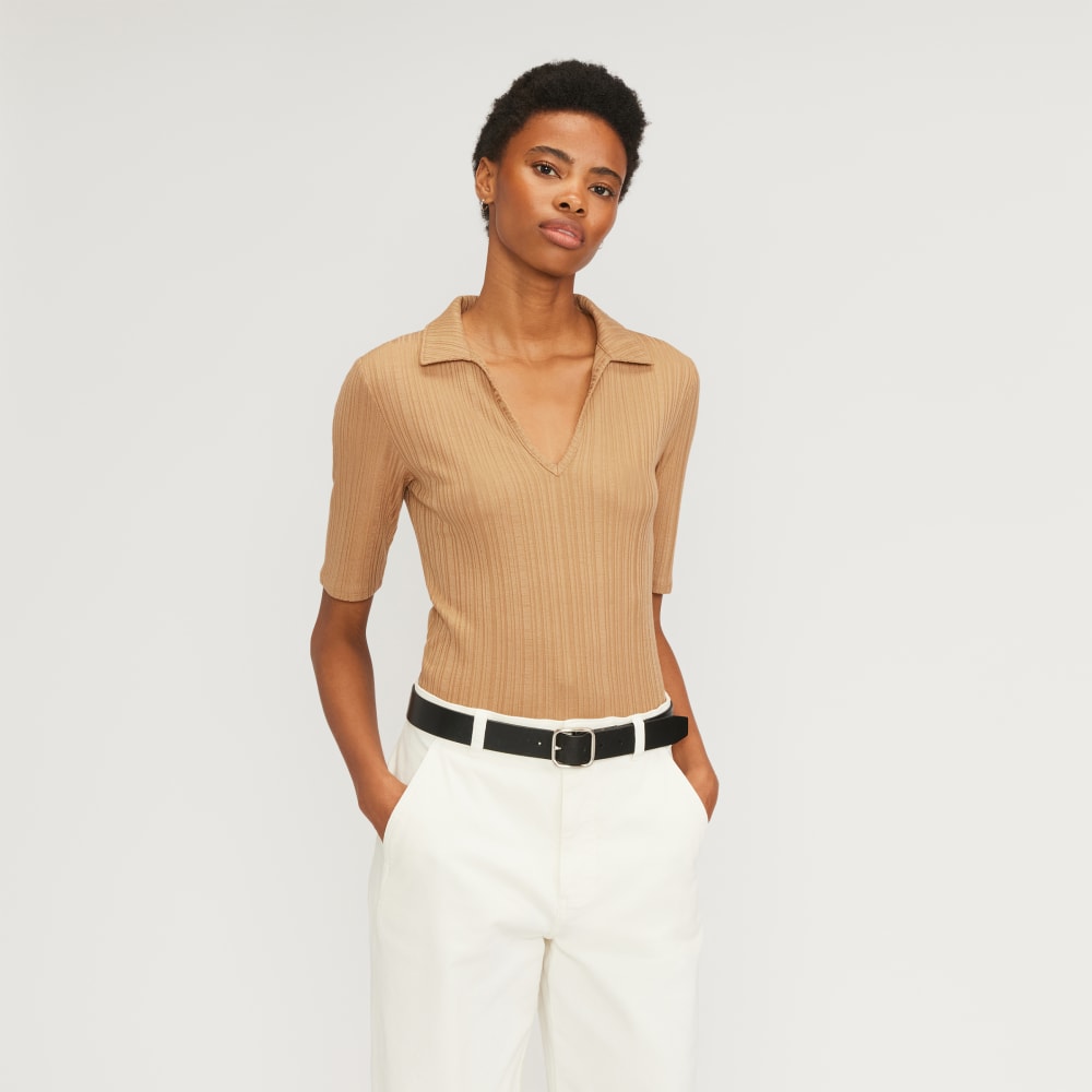 The Rib Soft Knit Open Collar Polo in Caramel — front view