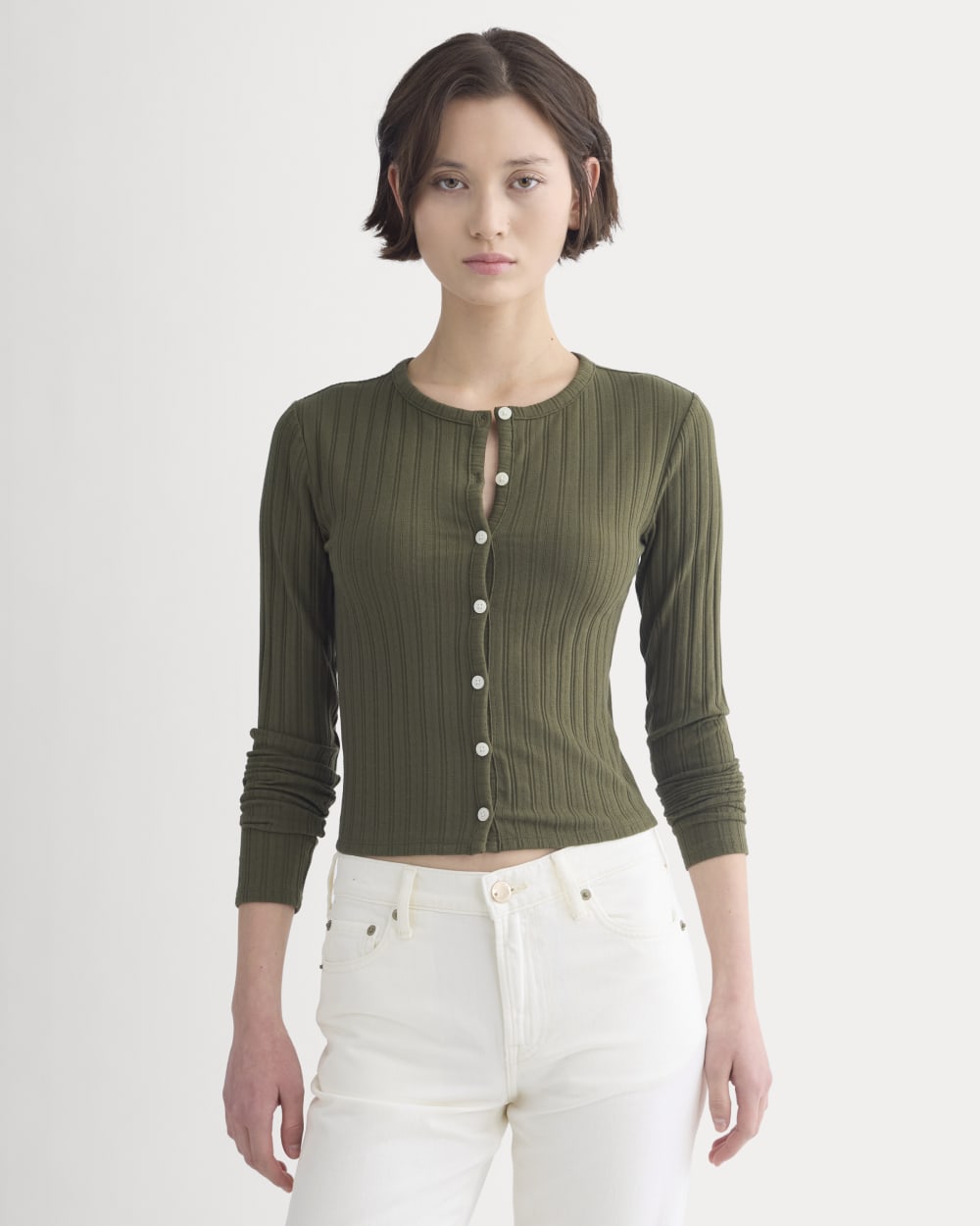 Cardigan in Pointelle in Olive Night — front view