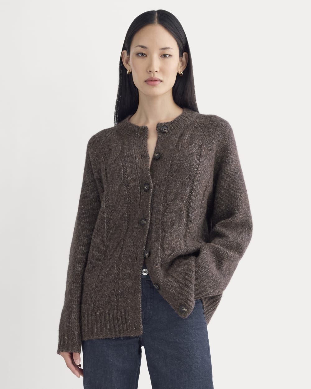 Cloud Cable Cardigan in Heathered Burgundy — front view