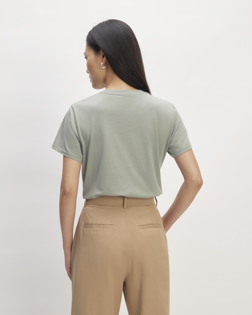 The Box-Cut Tee in Essential Cotton in Sage Green — detail view
