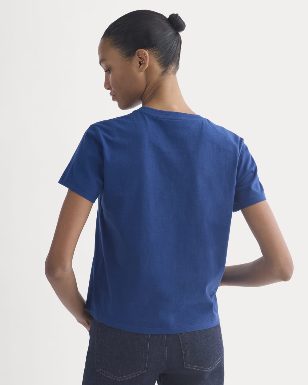 The Box-Cut Tee in Essential Cotton in Estate Blue — detail view