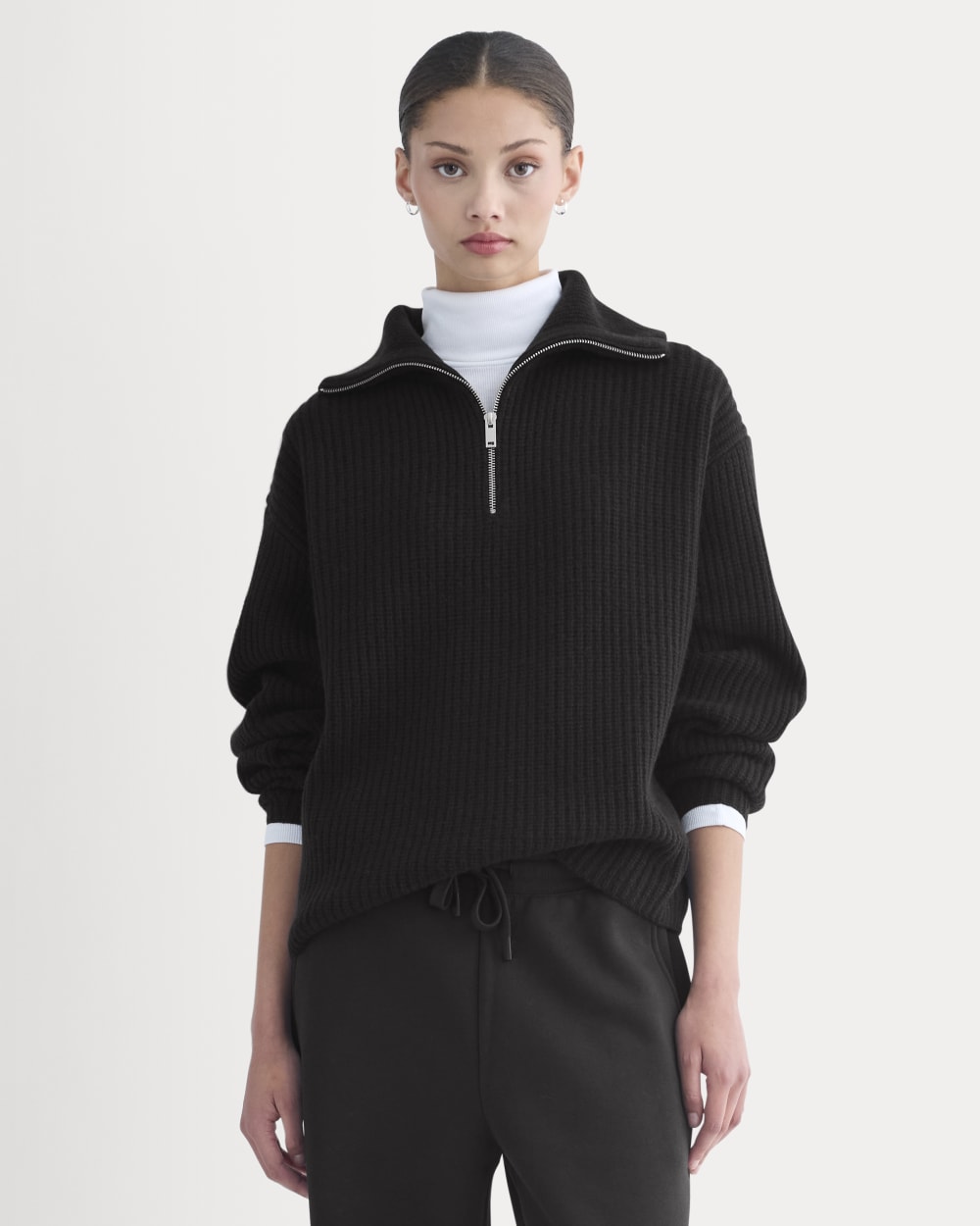 The Half-Zip Sweater in Luxe Merino in Black — front view