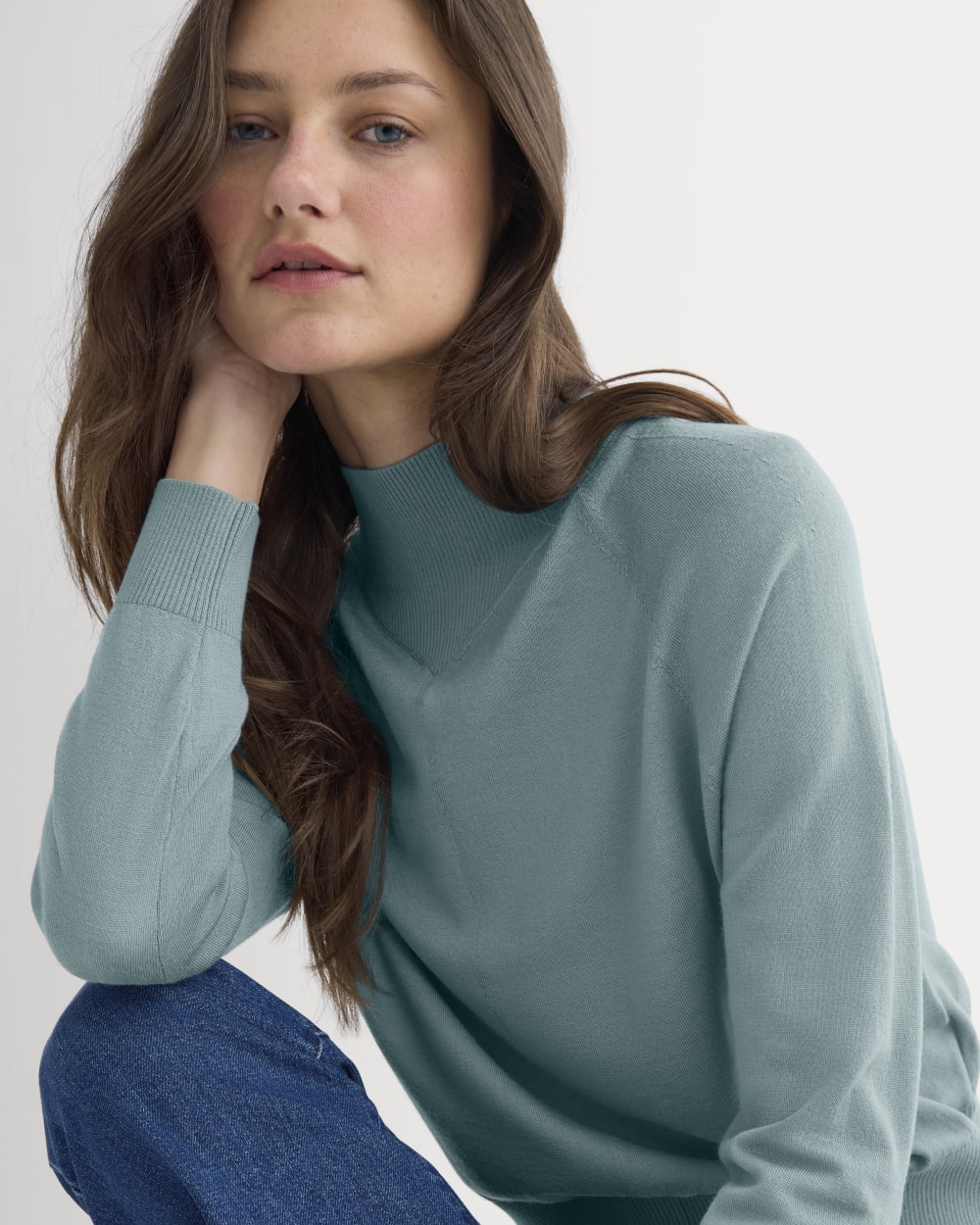 Mockneck Sweater In Ultrafine Merino in Gray Mist — detail view