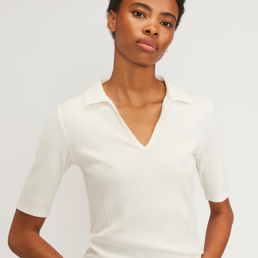 The Rib Soft Knit Open Collar Polo in Bone — detail view
