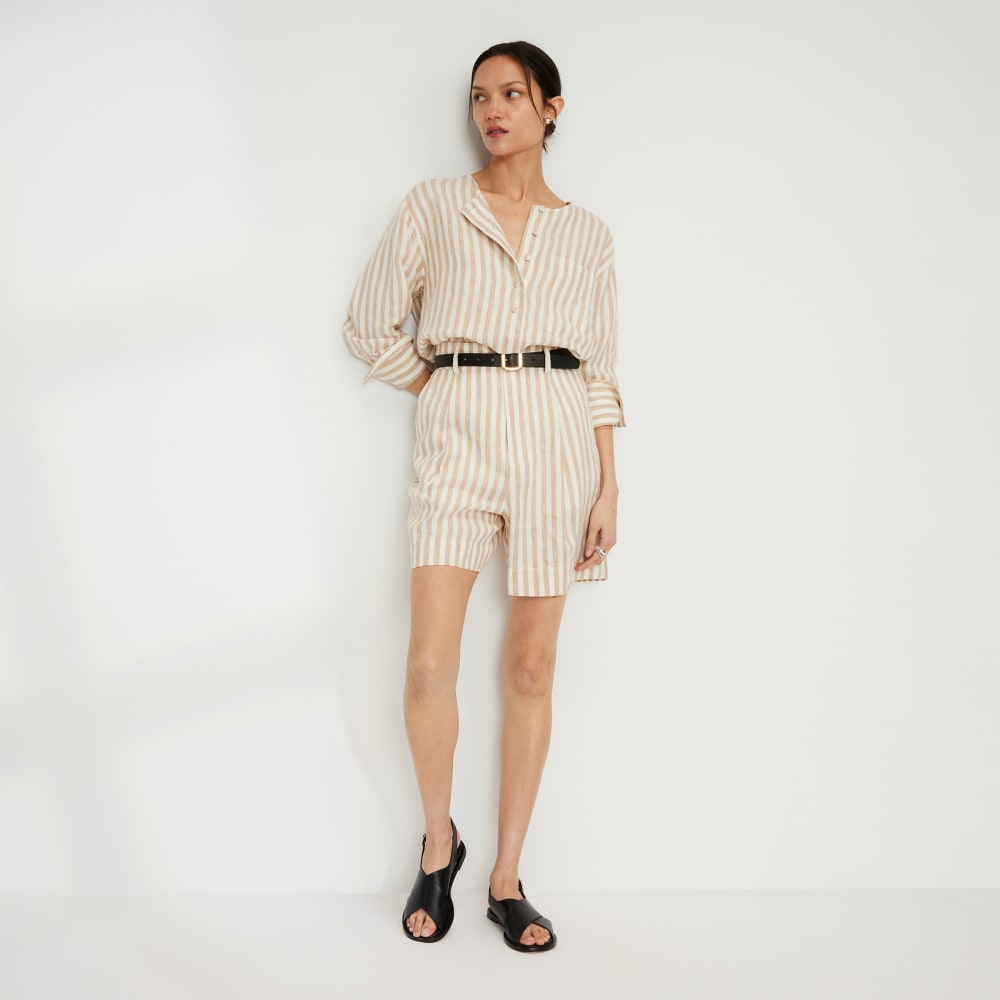 The Linen Popover Shirt in Bone / Caramel — detail view