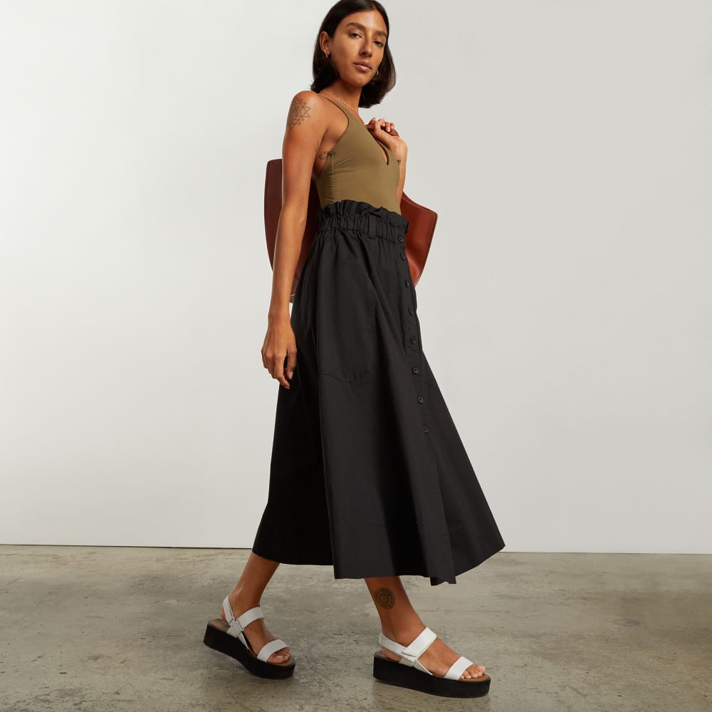 The Easy Button-Front Skirt in Black — detail view