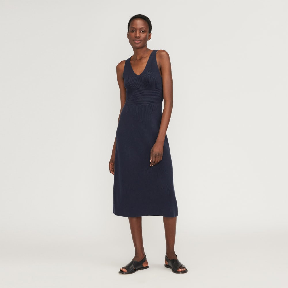 The Ribbed Cotton Cross-Back Dress in Navy — front view