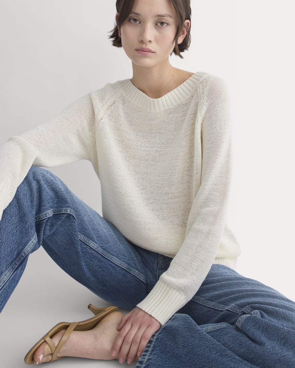 Wide-Neck Crew Sweater in Tape Yarn in Bone — front view