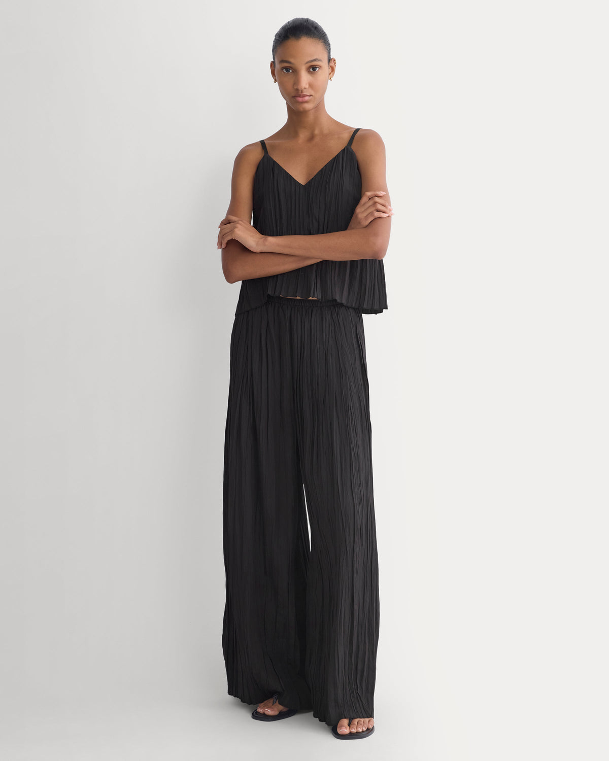 Crinkle Wide-Leg Pant in Black — front view