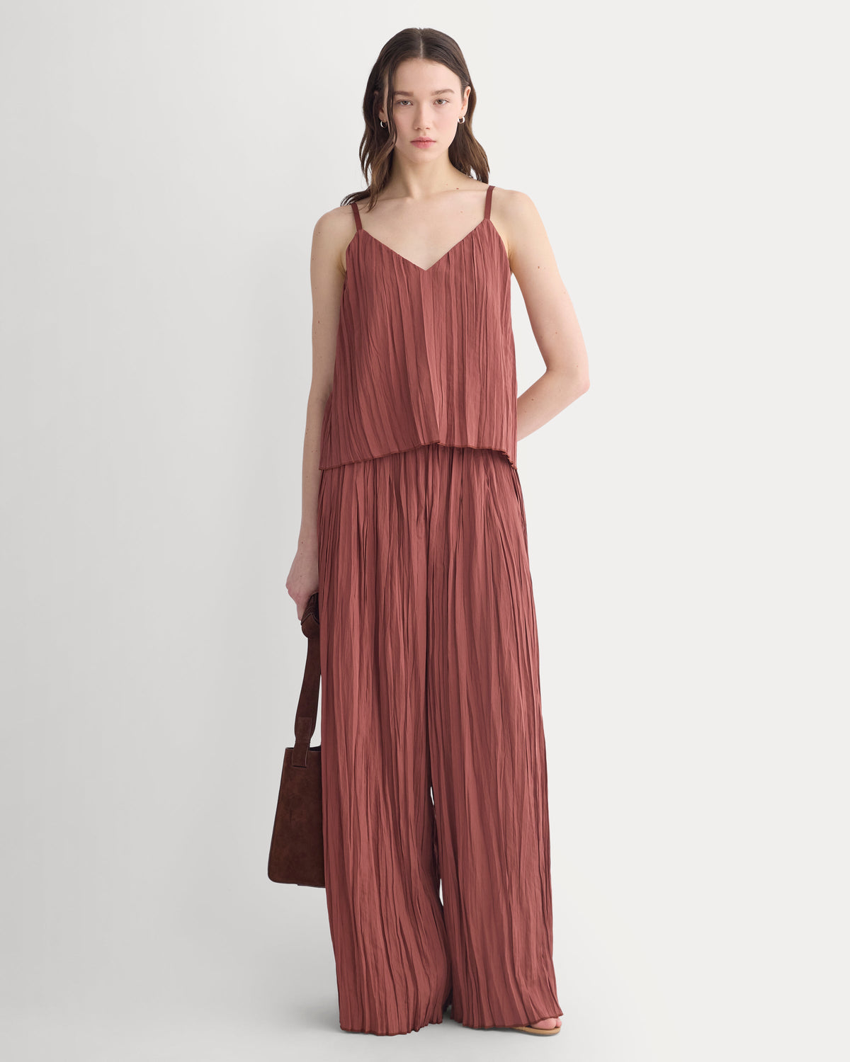 Crinkle Wide-Leg Pant in Henna Red — front view