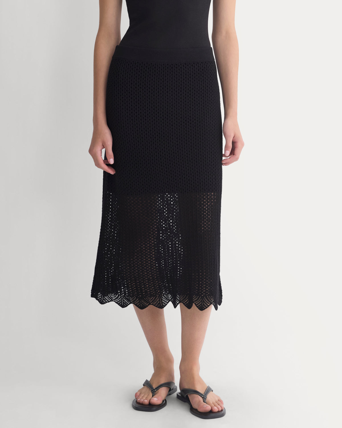 Lace-Knit Midi Skirt in Black — detail view