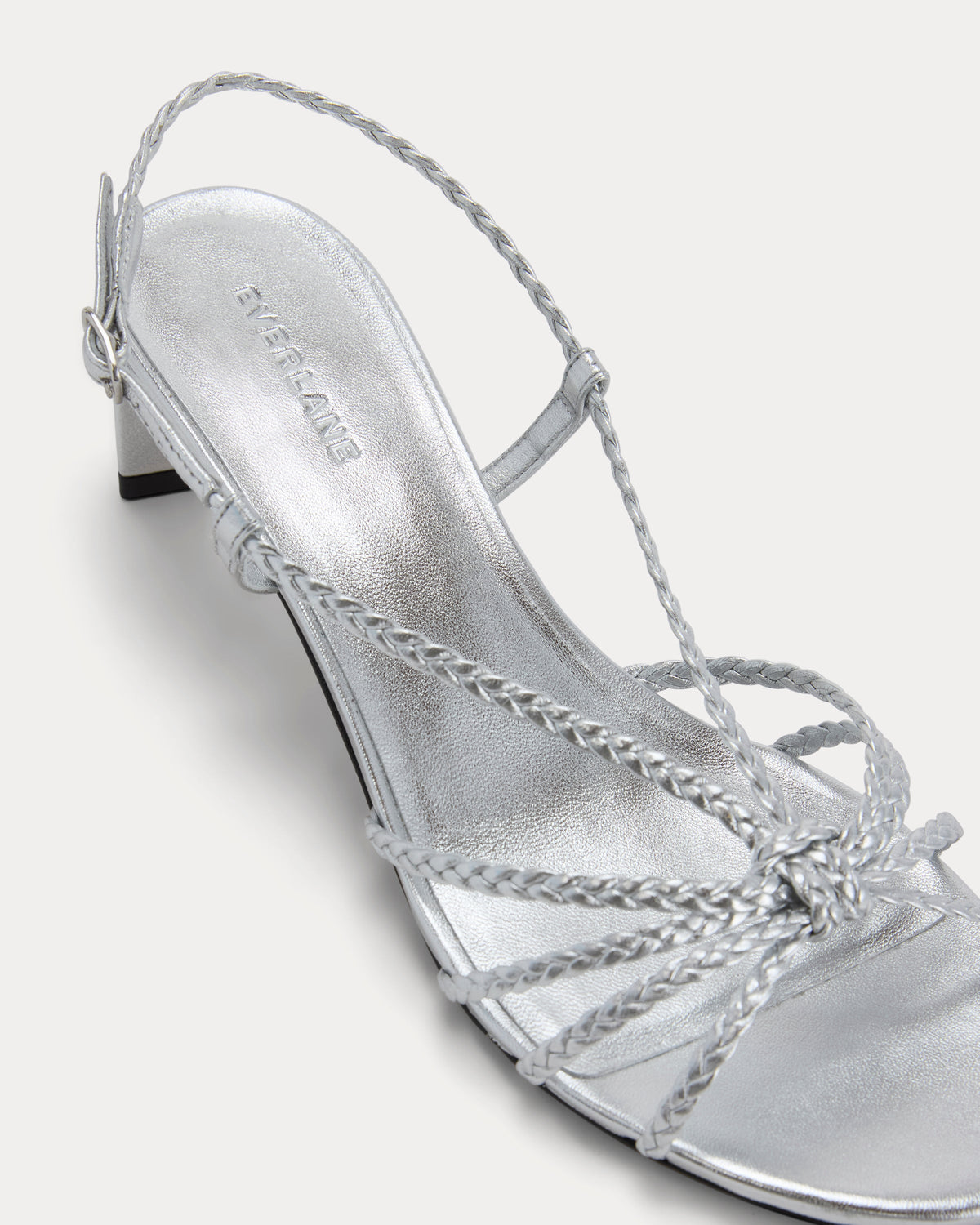 Made in Italy Braided Kitten Heel in Silver Leather — detail view