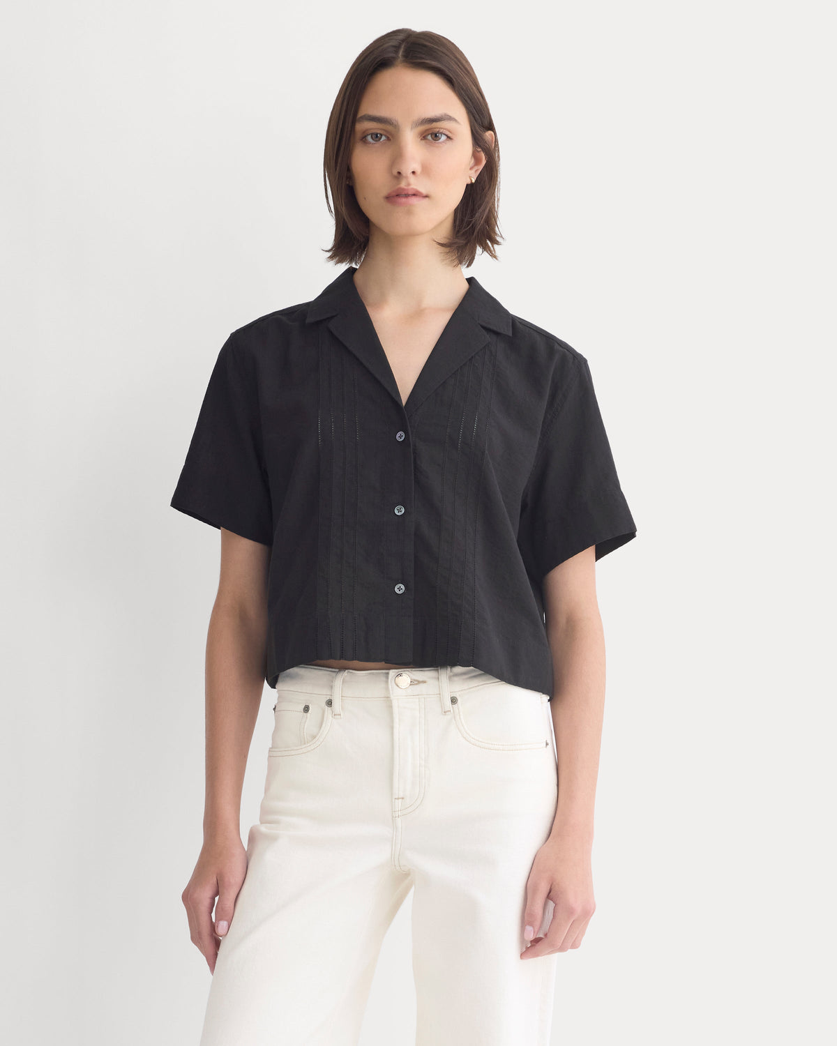Cotton Gauze Resort Shirt in Black — front view