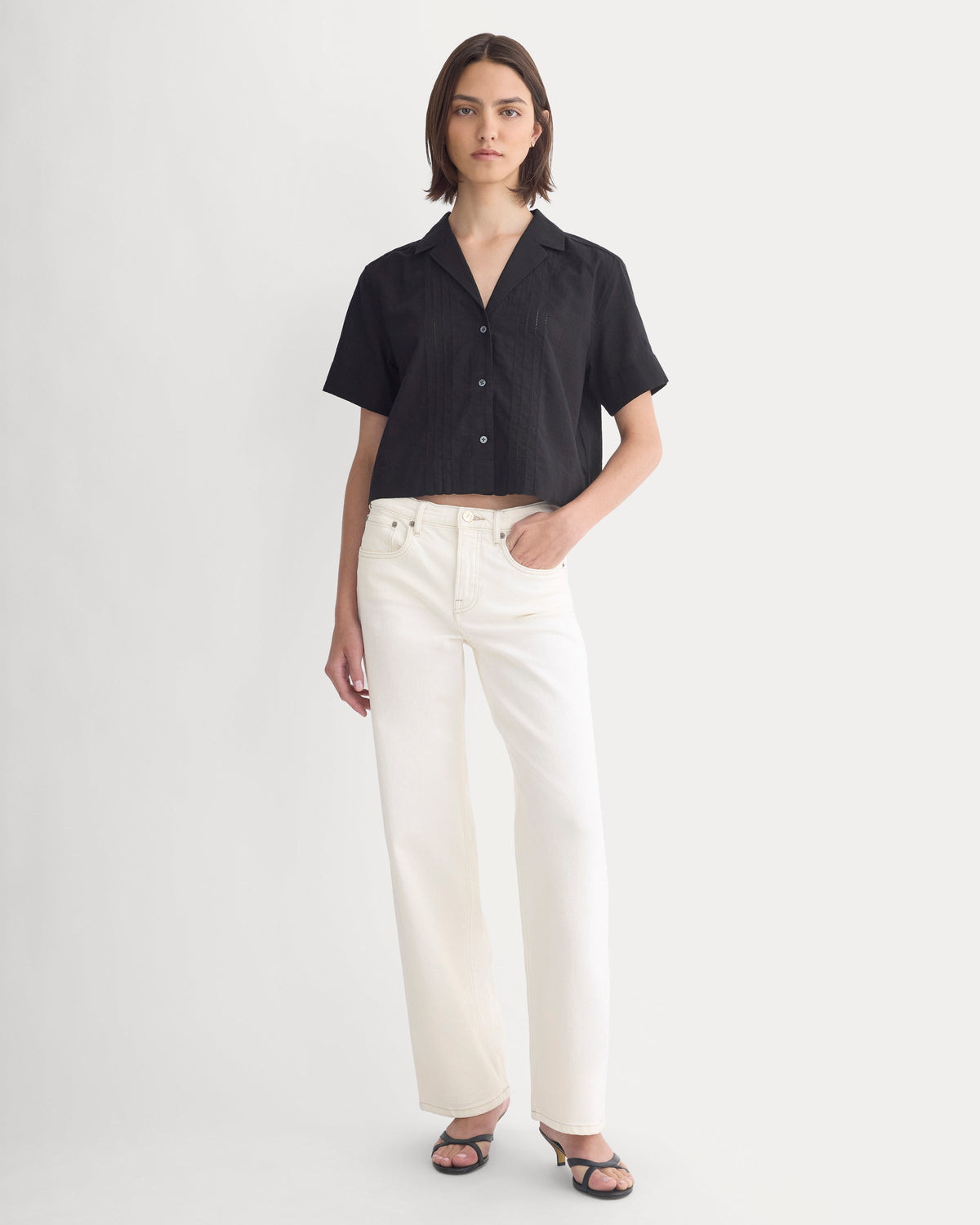 Cotton Gauze Resort Shirt in Black — detail view