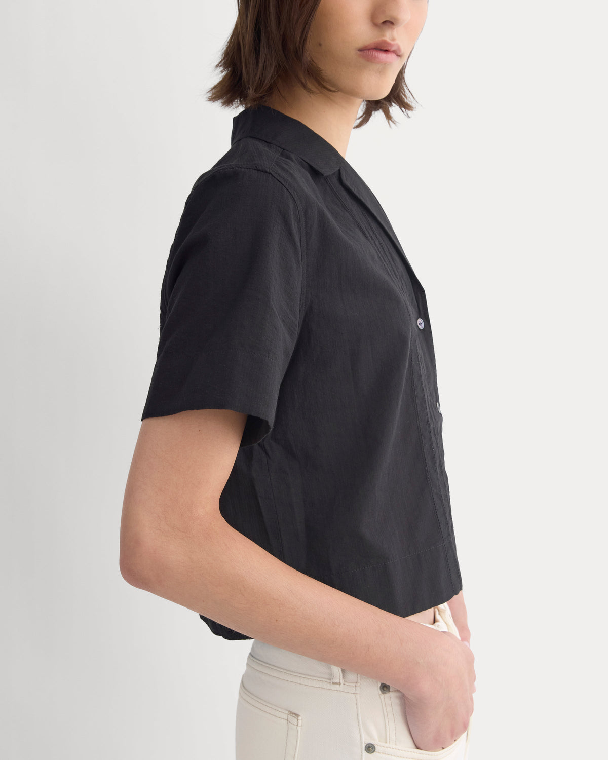 Cotton Gauze Resort Shirt in Black — detail view