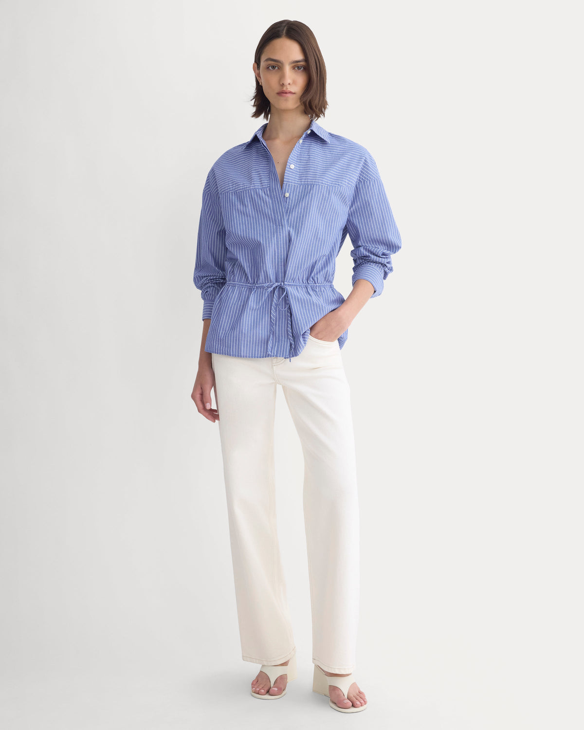 Oversized Cinched Shirt in Ultrasoft Cotton in Mazarine Blue / Optic White — detail view