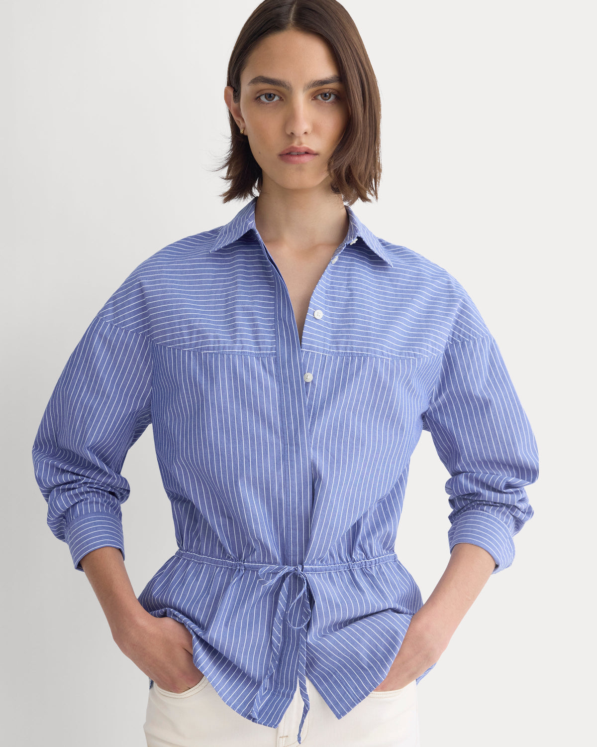 Oversized Cinched Shirt in Ultrasoft Cotton in Mazarine Blue / Optic White — detail view