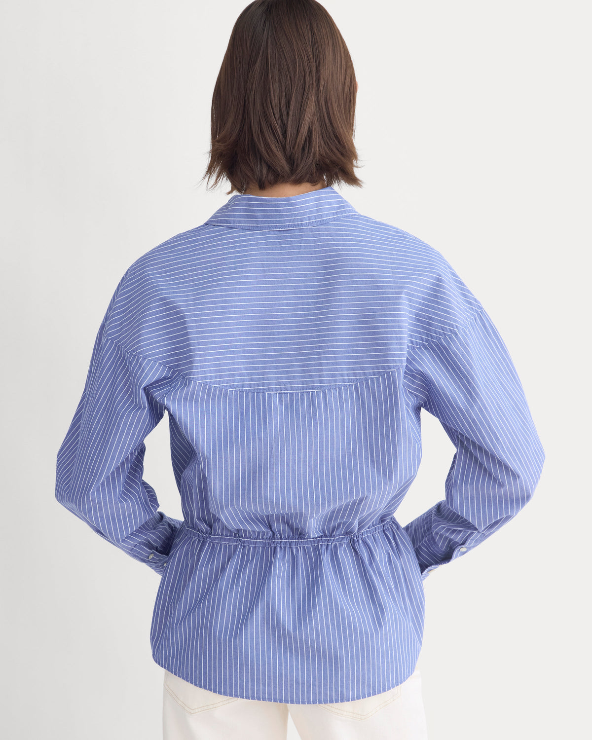 Oversized Cinched Shirt in Ultrasoft Cotton in Mazarine Blue / Optic White — detail view