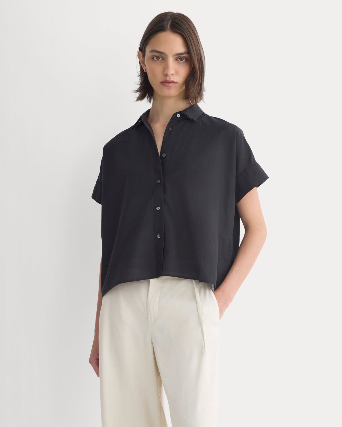 Scalloped-Collar Square Shirt in Black — front view