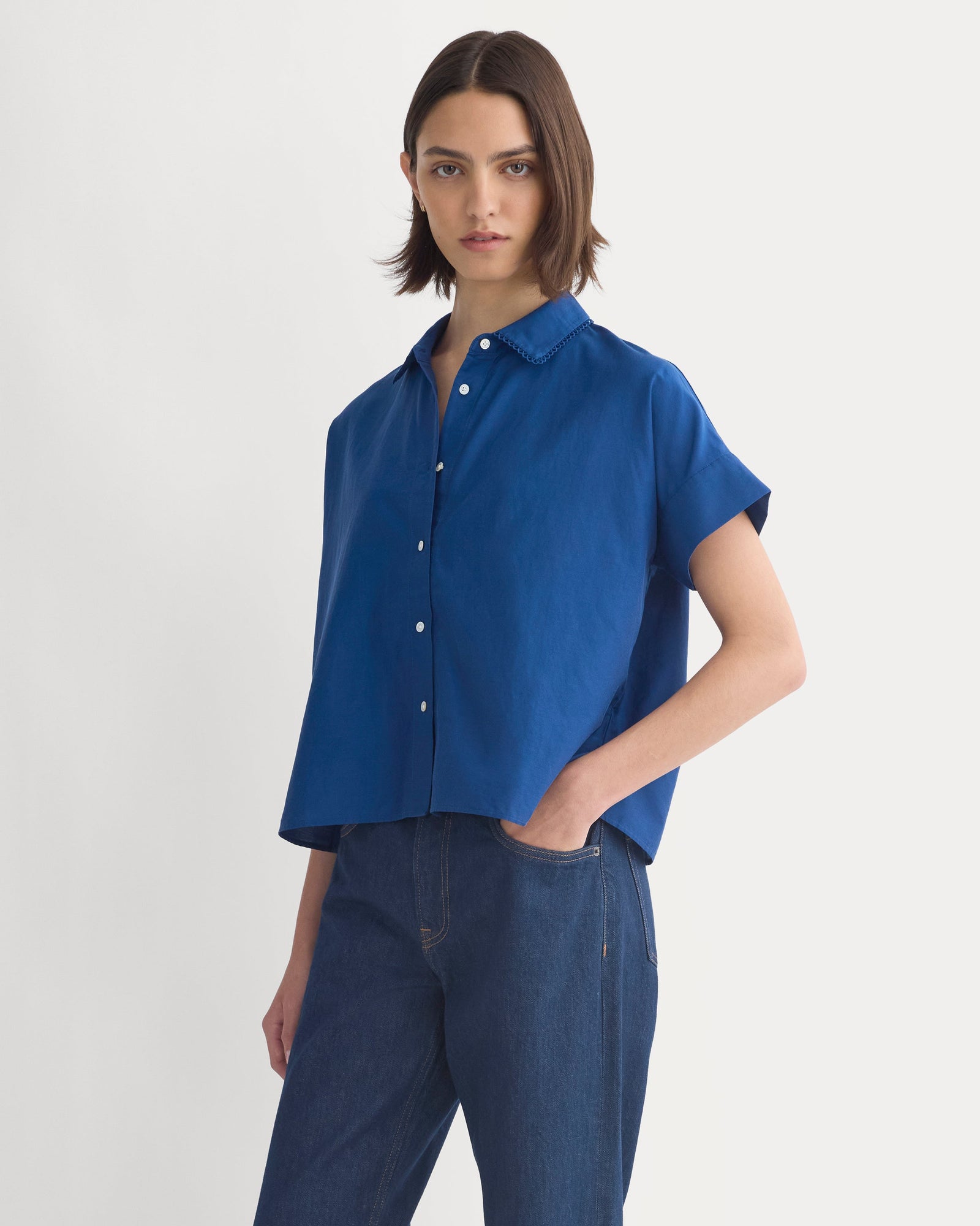 Scalloped-Collar Square Shirt in Estate Blue — front view