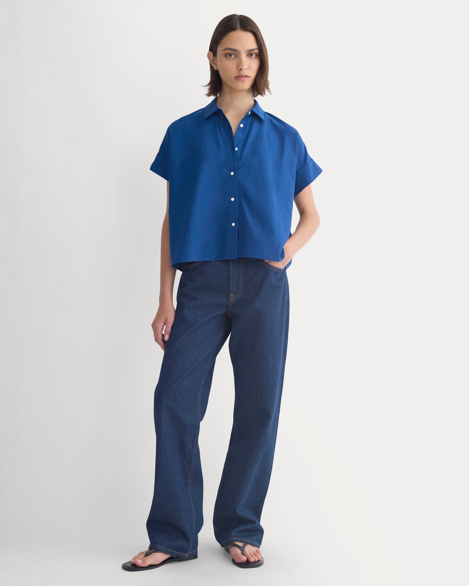 Scalloped-Collar Square Shirt in Estate Blue — detail view