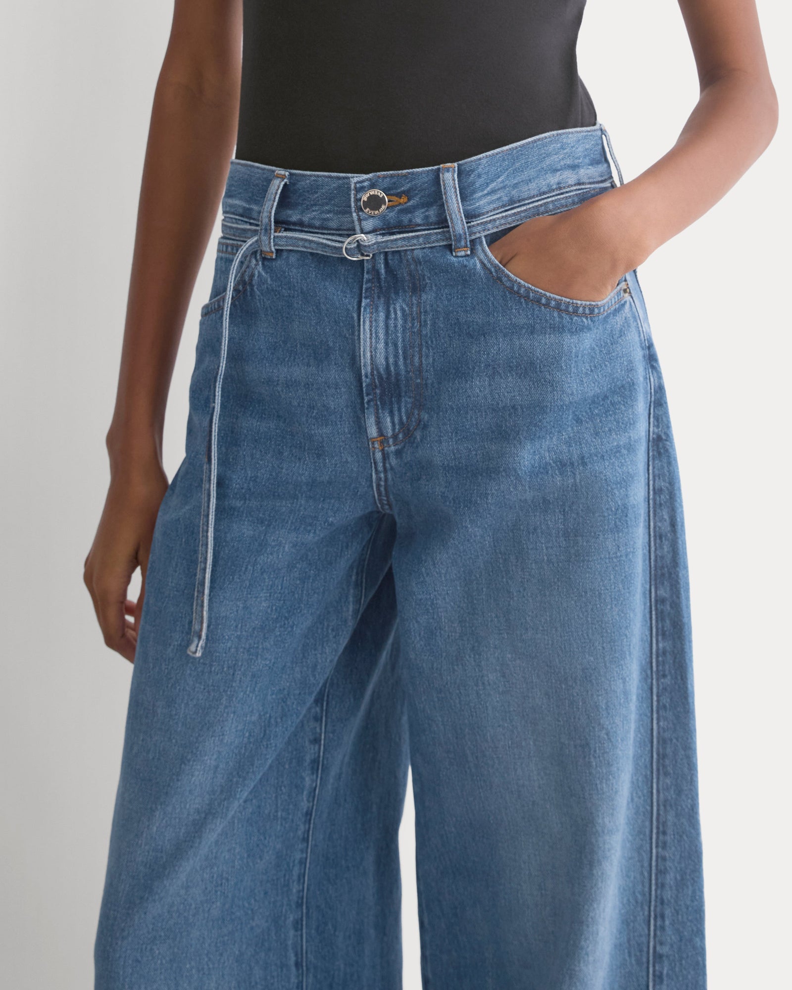 Lightweight Loose Wide-Leg Jean in Medium Indigo — detail view